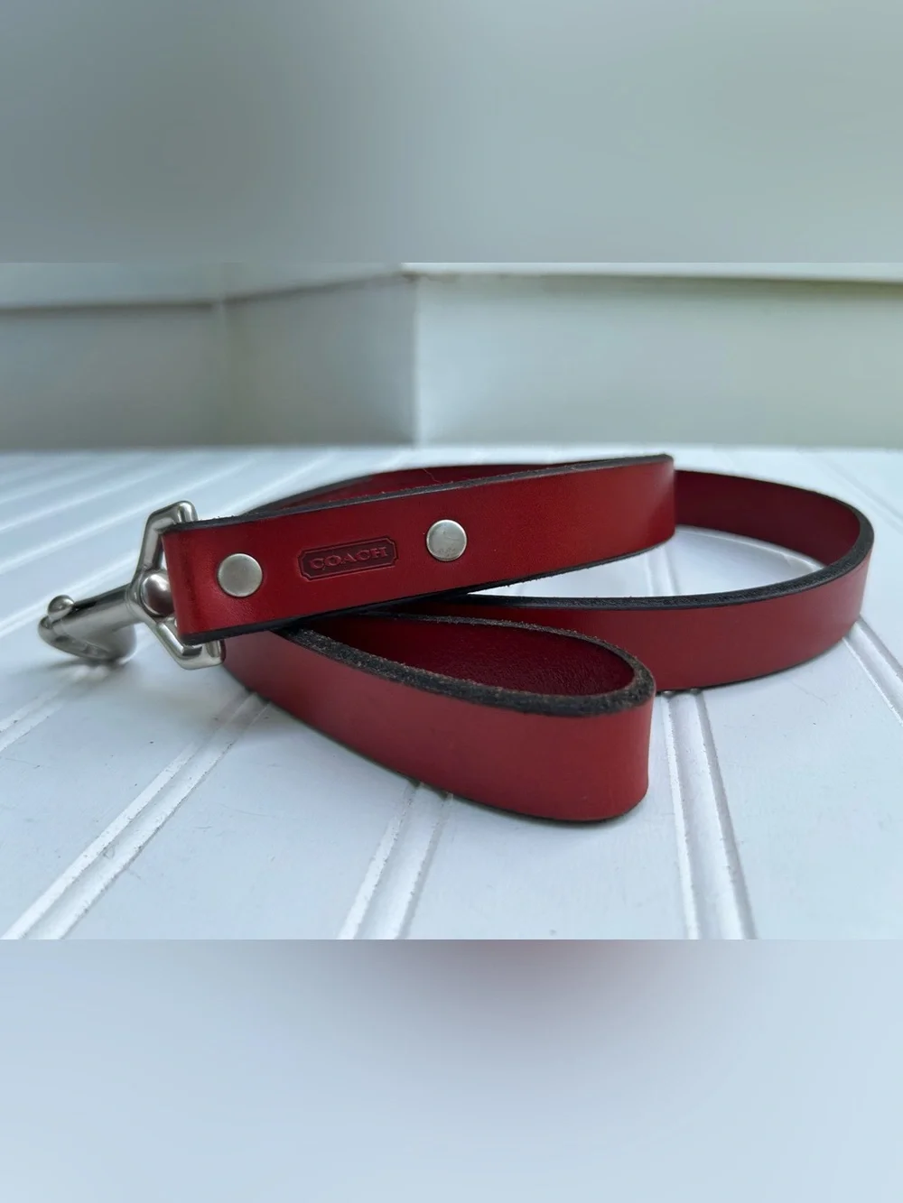Coach Red Leather Dog Leash Silver Hardware NWOT
